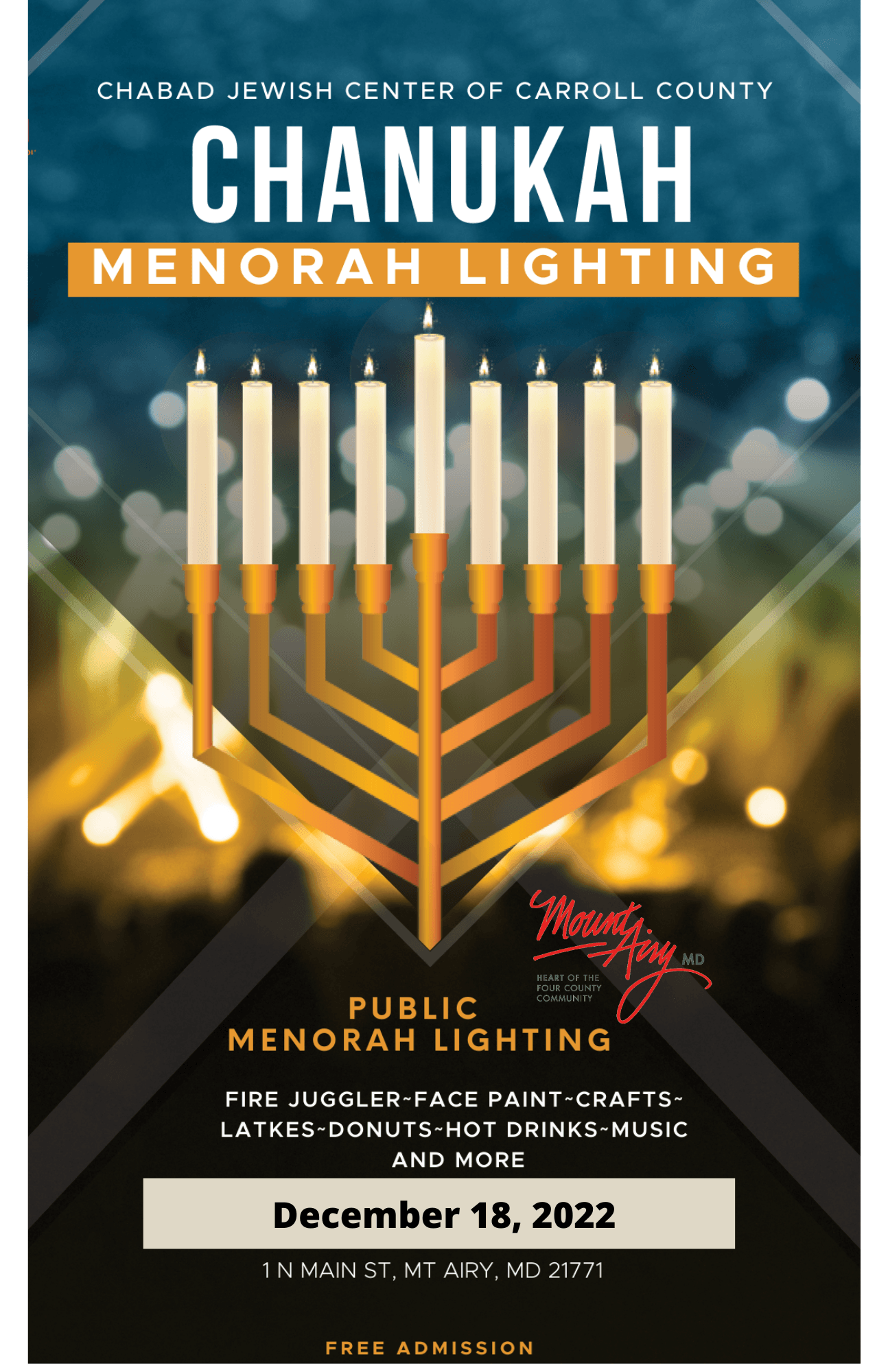 Chanukah Menorah Lighting on the First Night Chanukah, December 18th at 4:00 p.m.